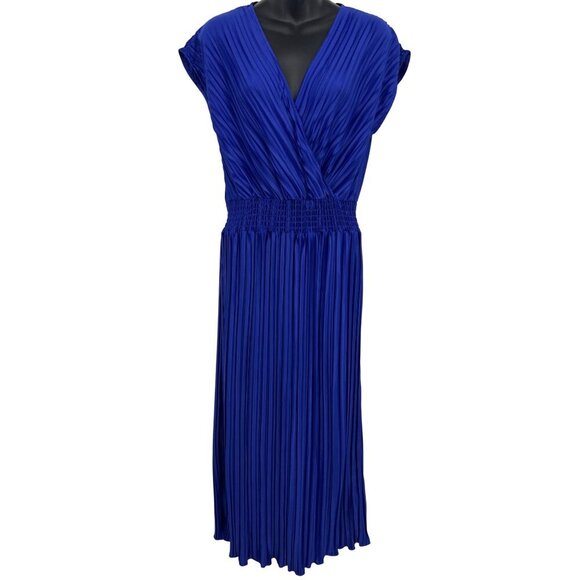 DKNY Blue Women Dress Size 12 Shift Midi Smocked Shutter Pleat Cap Sleeve New - Picture 2 of 10